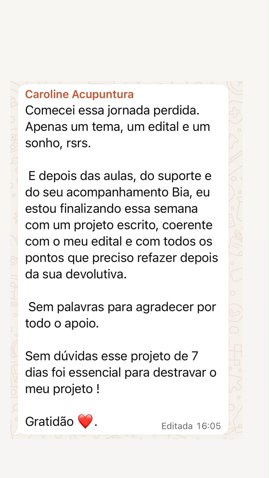 Depoimento de participante do Desafio Escreva seu Projeto em 7 Dias